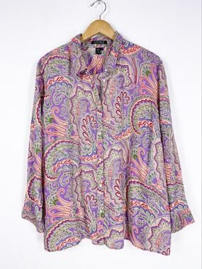 Lauren Ralph Lauren Paisley 100% Linen Button Down Shirt Women's 3X Purple